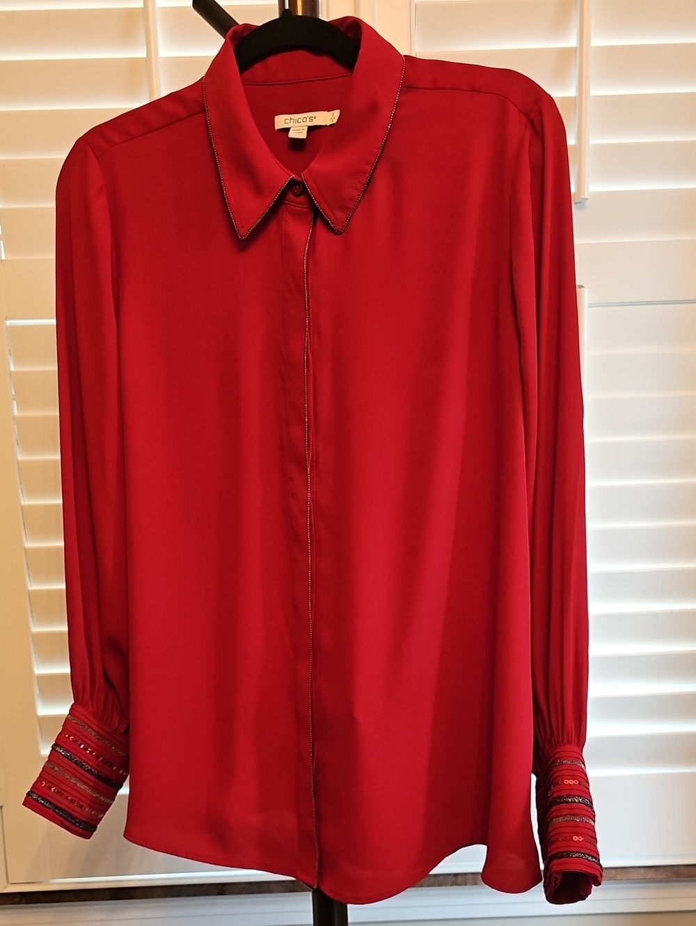 Chico's Vibrant Red Long-Sleeve Button-Down Shirt with Embellished Cuffs